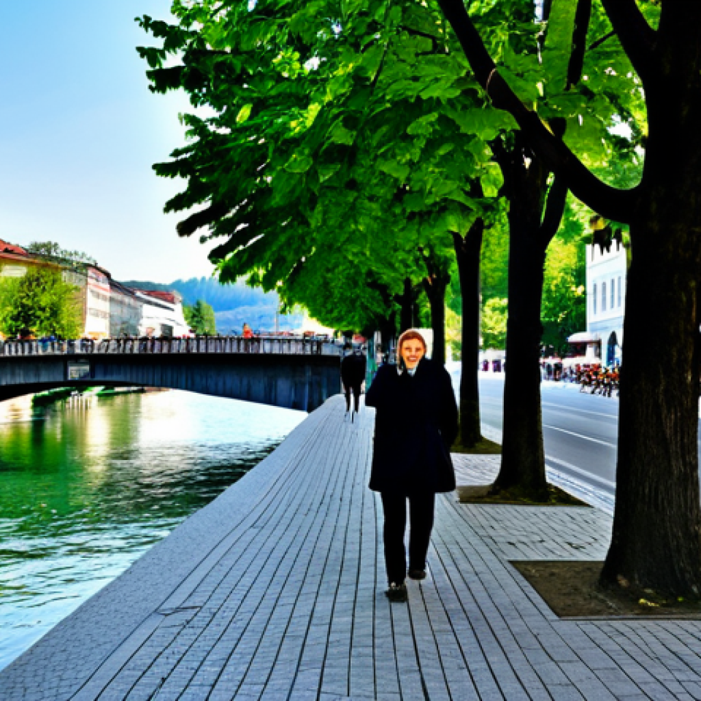 A serene and vibrant scene of Ljubljana's pedestrianized city center. People of various ages are fully clothed in modest, appropriate attire, strolling along the banks of the Ljubljanica River. The iconic Triple Bridge (Tromostovje) is prominent, with charming historical buildings and lively outdoor cafes lining the riverside. Lush green trees and a clear blue sky complete the tranquil atmosphere. The image emphasizes the absence of cars, showcasing a clean, inviting urban space. High-resolution, professional photography, natural lighting, perfect anatomy, correct proportions, well-formed hands, proper finger count, natural body proportions. safe for work, appropriate content, family-friendly.