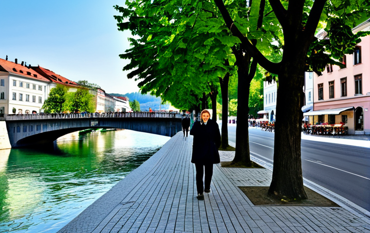 A serene and vibrant scene of Ljubljana's pedestrianized city center. People of various ages are fully clothed in modest, appropriate attire, strolling along the banks of the Ljubljanica River. The iconic Triple Bridge (Tromostovje) is prominent, with charming historical buildings and lively outdoor cafes lining the riverside. Lush green trees and a clear blue sky complete the tranquil atmosphere. The image emphasizes the absence of cars, showcasing a clean, inviting urban space. High-resolution, professional photography, natural lighting, perfect anatomy, correct proportions, well-formed hands, proper finger count, natural body proportions. safe for work, appropriate content, family-friendly.