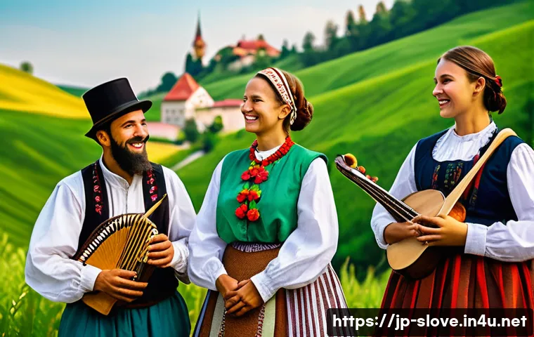 슬로베니아와 헝가리 역사적 관계 - A vibrant cultural festival scene on the Austria-Hungary border region, showing Slovenian and Hungar...