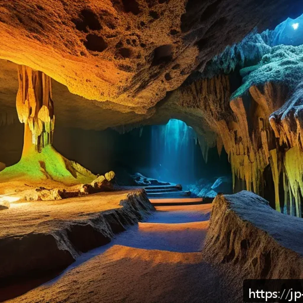 포스토이나 동굴 탐험 - A vast mystical cave interior illuminated by colorful, soft artificial lights highlighting intricate...