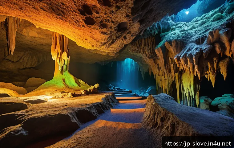 포스토이나 동굴 탐험 - A vast mystical cave interior illuminated by colorful, soft artificial lights highlighting intricate...