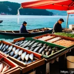 슬로베니아 포트주이 요리 - A vibrant morning seafood market scene in a Slovenian Adriatic port town, featuring bustling stalls ...