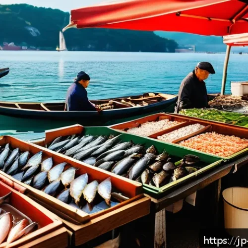 슬로베니아 포트주이 요리 - A vibrant morning seafood market scene in a Slovenian Adriatic port town, featuring bustling stalls ...