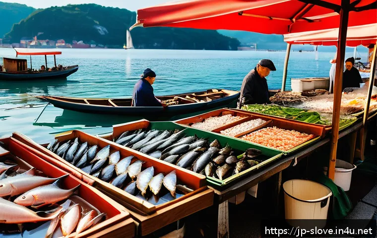 슬로베니아 포트주이 요리 - A vibrant morning seafood market scene in a Slovenian Adriatic port town, featuring bustling stalls ...