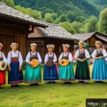 슬로베니아 전통 음악 - A vibrant Slovenian village festival scene during the daytime, featuring musicians dressed in tradit...