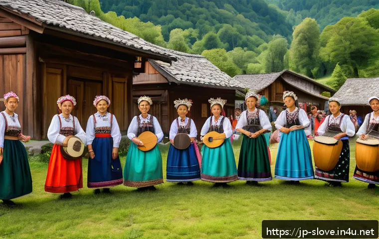 슬로베니아 전통 음악 - A vibrant Slovenian village festival scene during the daytime, featuring musicians dressed in tradit...