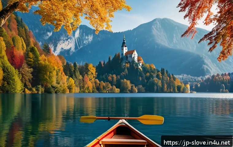 블레드 호수 카누 투어 - A serene autumn scene at Lake Bled with a canoe gliding gently on the calm water, surrounded by vibr...