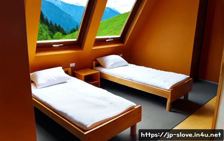 슬로베니아 여행 가성비 숙소 - Photorealistic cozy budget guesthouse room in Slovenia, neatly made twin beds with simple linen, war...