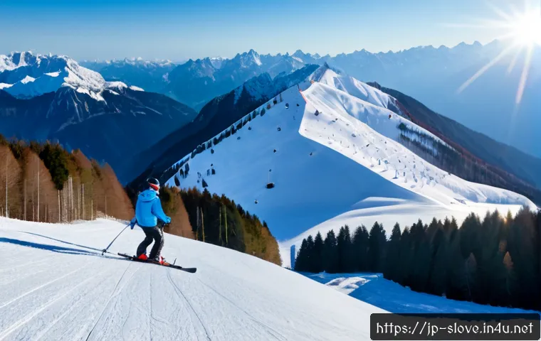 슬로베니아 스키 리조트 추천 - Photorealistic panoramic winter view of a Slovenian alpine ski resort, wide groomed slopes descendin...