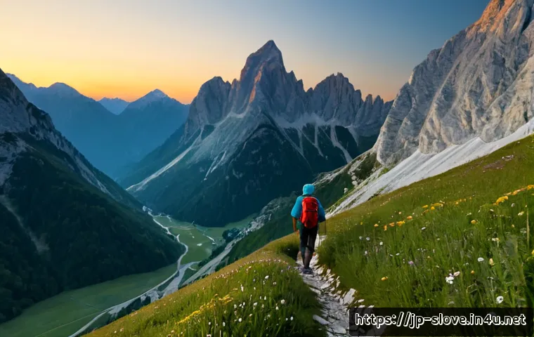 트리글라브 국립공원 하이킹 - Photorealistic sunrise hiking scene in Triglav National Park, Slovenia, a lone adult hiker in practi...